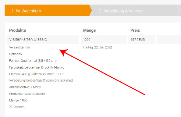 Visitenkarte Bestellübersicht